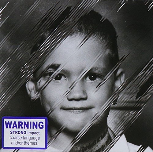 Black and white CD cover with a distorted portrait and warning label.