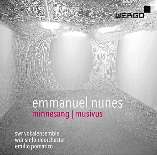 A grayscale album cover with abstract tunnel image and text "emmanuel nunes minnesang | musivus".
