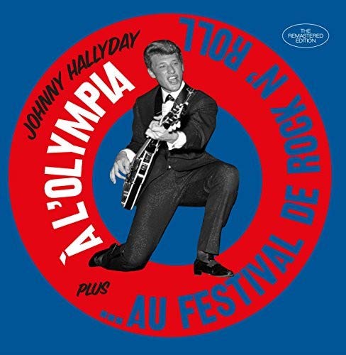 "CD cover with Johnny Hallyday holding a guitar, surrounded by red circle on blue background."