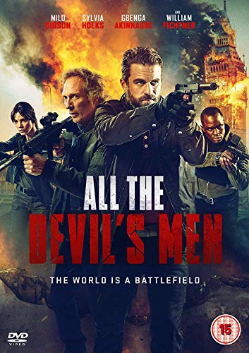 "DVD cover for 'All the Devil's Men' showing armed people in front of a burning building."