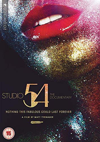 Studio 54 documentary DVD cover with glitter, lips, and bold text.