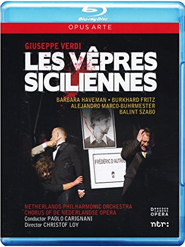 "Bluray cover for 'Les Vêpres Siciliennes' opera, featuring a dramatic stage scene."