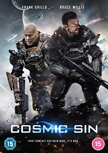 "Cosmic Sin DVD cover featuring two men in futuristic armor with guns, space background."