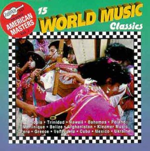 "CD cover with musicians in traditional clothing, checkered border, on green and blue background."