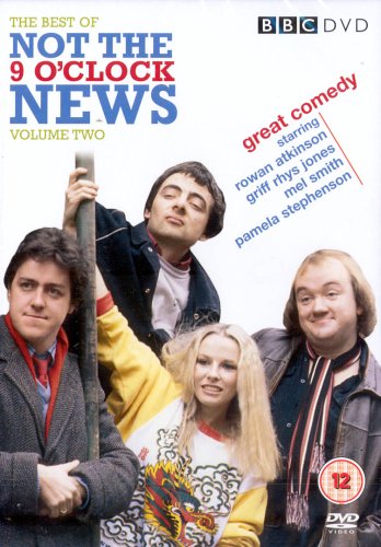 "Not The 9 O'clock News DVD cover featuring four comedians and title in bold colors."