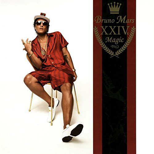 Bruno Mars album cover with man in red outfit sitting on a chair.