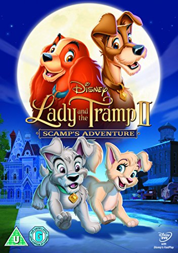 Lady and the Tramp II" DVD cover featuring dogs against a moonlit backdrop.
