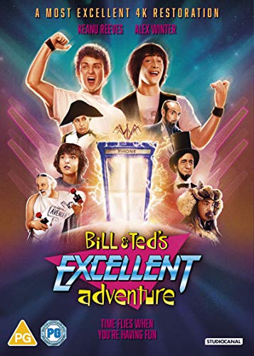 DVD cover for "Bill & Ted's Excellent Adventure" featuring characters and a phone booth.