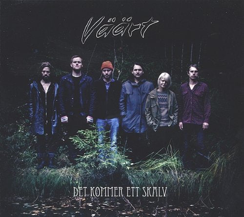 "Album cover featuring six men standing in a dark forest, with white text."
