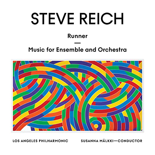 Steve Reich album cover: colorful abstract stripes, text reading “Runner” and orchestra details.