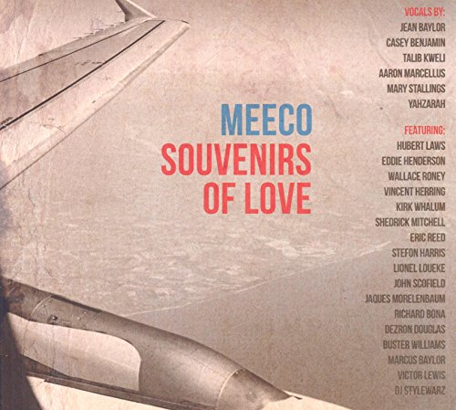 "CD cover with airplane wing and 'Meeco - Souvenirs of Love' in blue and red text."