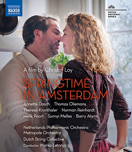 Blu-ray cover for "Springtime In Amsterdam" featuring a couple embracing.