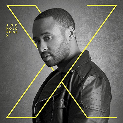 Black and white portrait of Kojo Ado with yellow geometric lines.