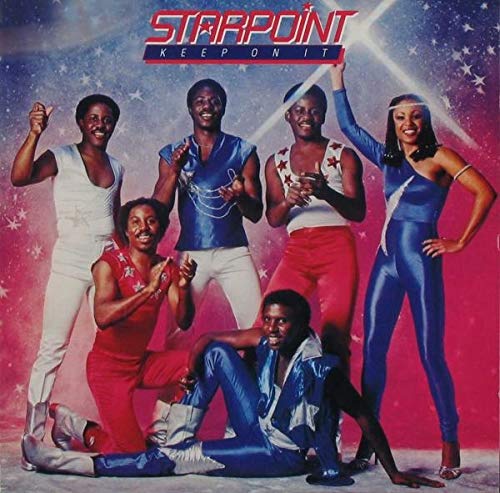 1980s album cover featuring five Black performers in colorful, retro outfits.
