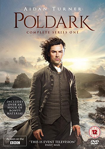 "Poldark Complete Series One DVD cover featuring Aidan Turner in 18th-century attire by the sea."