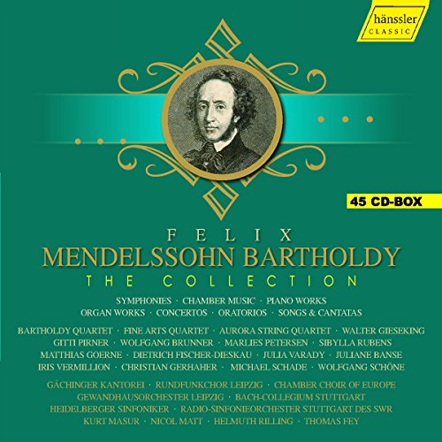 Green CD cover with portrait of Felix Mendelssohn Bartholdy and list of performers.