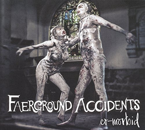 Album cover with two bloody figures dancing in a church, stained glass in background.