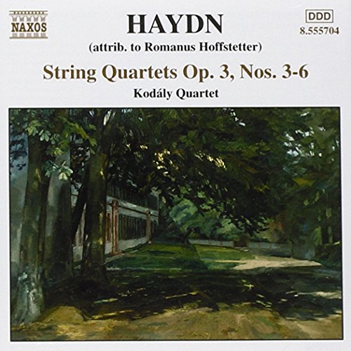 A CD cover featuring a serene forest painting with text describing Haydn's string quartets.