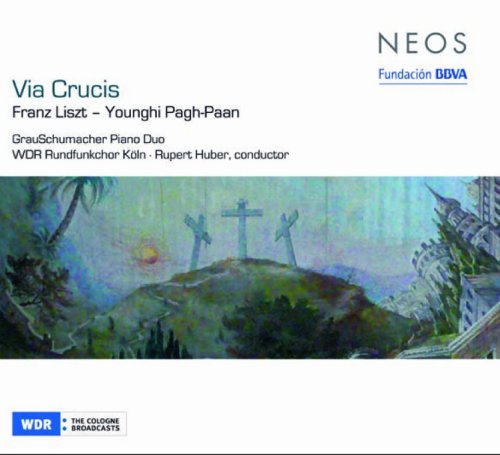 "CD cover with a painting of three crosses on a hill."