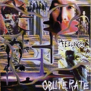 "Obliterate - The Feelings" CD cover with abstract, surreal artwork featuring multiple images and text.