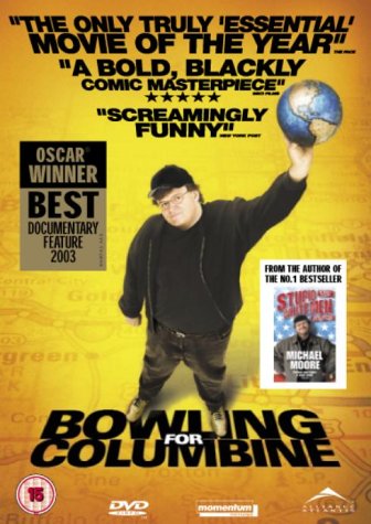 DVD cover for "Bowling For Columbine" featuring Michael Moore and a bowling ball.