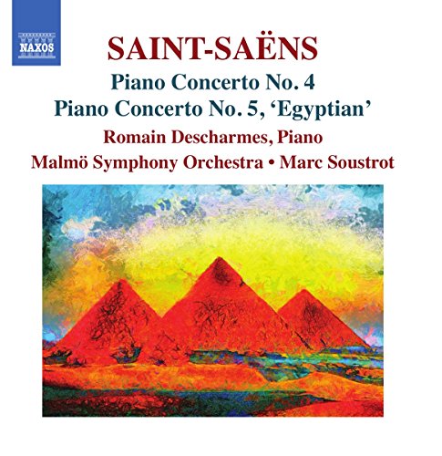 "Album cover with pyramid painting and text describing Saint-Saëns piano concertos."