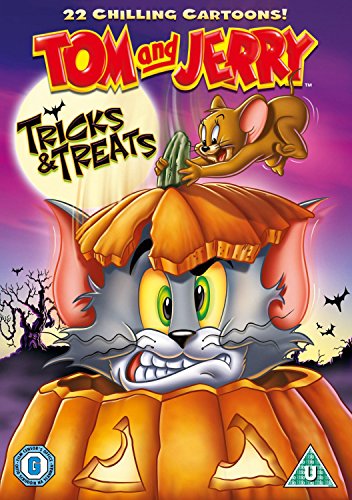 "Tom and Jerry DVD cover featuring cartoon cat in a pumpkin costume with Jerry on top."