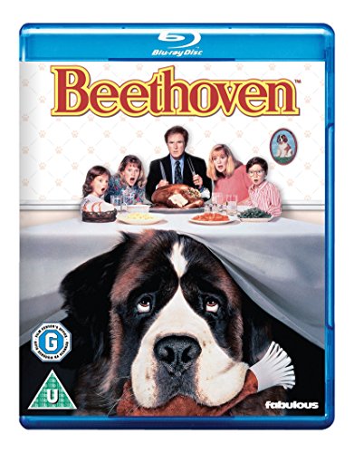 "Blu-ray case for 'Beethoven' featuring a large dog and a family at a table."