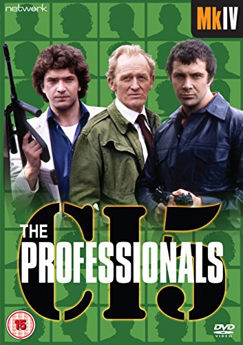 DVD cover for "The Professionals" featuring three men holding guns, green background.
