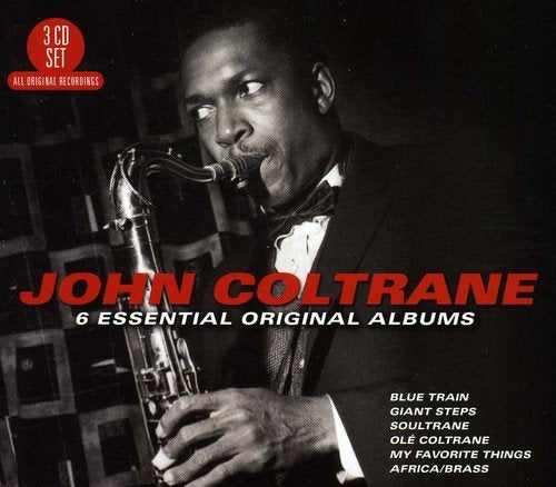 "Black and white image of John Coltrane playing saxophone, with red and white text overlay."