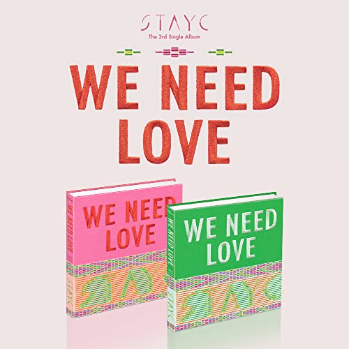Stayc “We Need Love” CD case with pink and green striped spine.