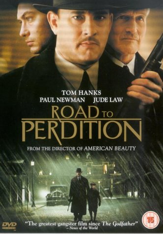 “Road to Perdition” DVD cover featuring Tom Hanks, Jude Law, and Paul Newman.