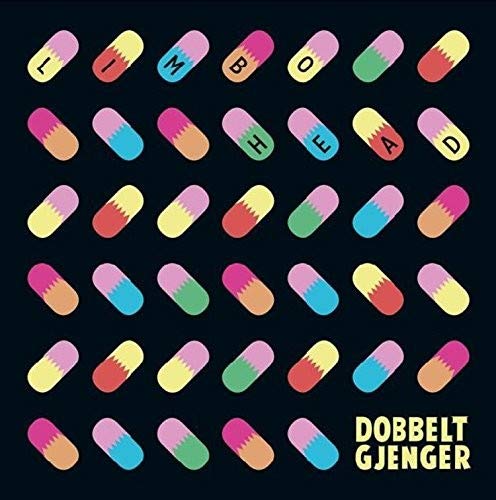 Black background with colorful, pill-shaped tiles spelling "LIMBOHEAD" and "DOBBELT GJENGER".