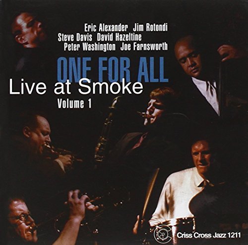 Jazz musicians playing instruments on a dark album cover with text "One for All Live at Smoke".