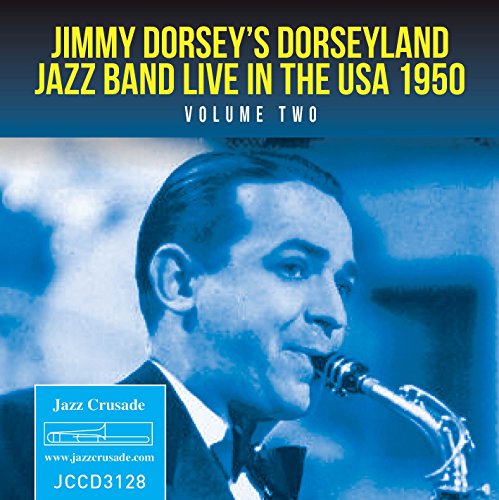 Album cover with blue-toned image of man playing saxophone, titled "Jimmy Dorsey's Dorseyland Jazz Band".