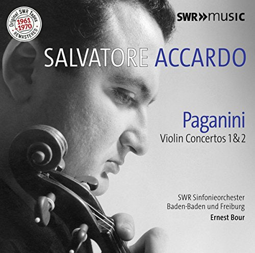 CD cover featuring violinist Salvatore Accardo in grayscale, with text “Paganini”.