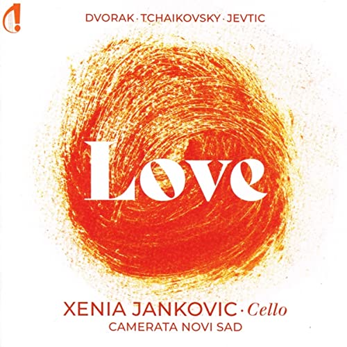 CD cover for Xenia Jankovic’s “Love” featuring red abstract art and text.