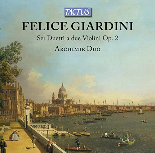 CD cover for Felice Giardini’s violin duets with a river scene.