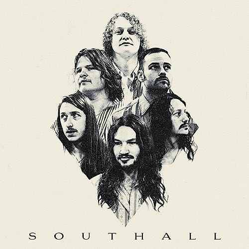 Black and white album cover featuring a group portrait of five people.