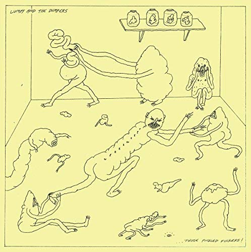 Yellow album cover with hand-drawn figures and jars on a shelf.