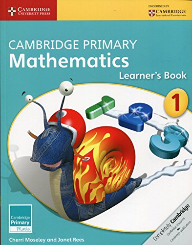 "Blue textbook cover with cartoon snail and weights, titled 'Cambridge Primary Mathematics Learner's Book 1'."
