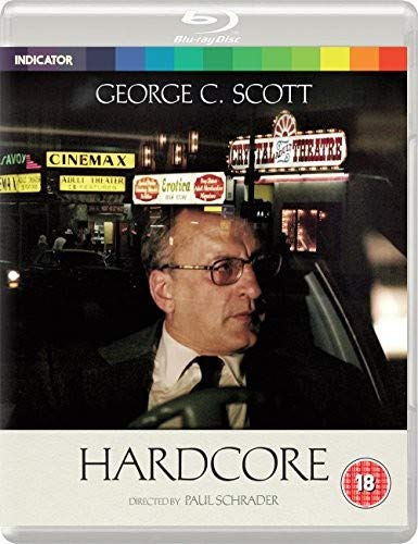 Hardcore" Blu-ray cover featuring a man in a car, city lights, and theater signs.