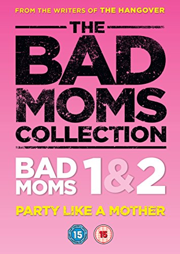 DVD cover for "Bad Moms 1 & 2" with bold pink and black text.