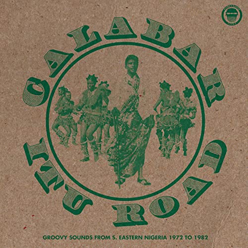 Album cover with green text and figures on a brown textured background.
