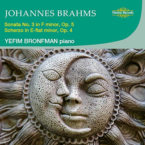 CD cover for Brahms sonatas featuring a sculpted face with sun rays.