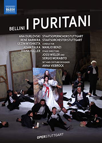 DVD cover for "I Puritani" opera featuring performers and a painting.