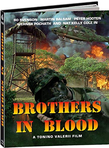 "Blu-ray case for 'Brothers in Blood' with soldier and helicopter amidst jungle fire scene."