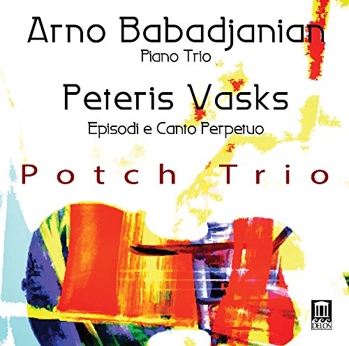 "Album cover with abstract violin image and text: Potch Trio, Arno Babdjanian, Peteris Vasks."