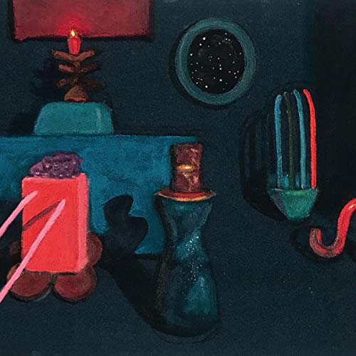Still life painting of objects on a draped table, dark blue background.