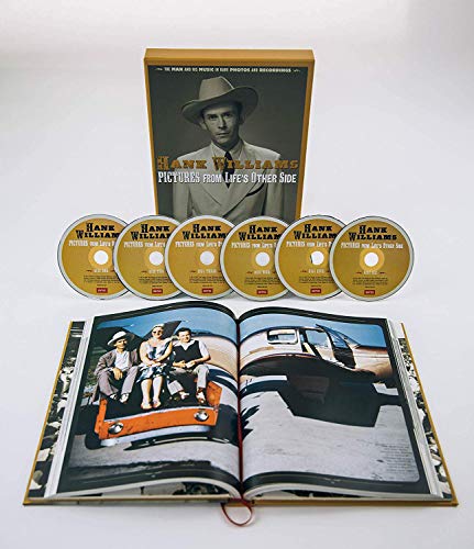 The image depicts a collection of CDs and a book, with the title "Hank Williams: Pictures from Life's Other Side." The concise alt text is: "A CD set and book featuring Hank Williams, with his image on the cover."